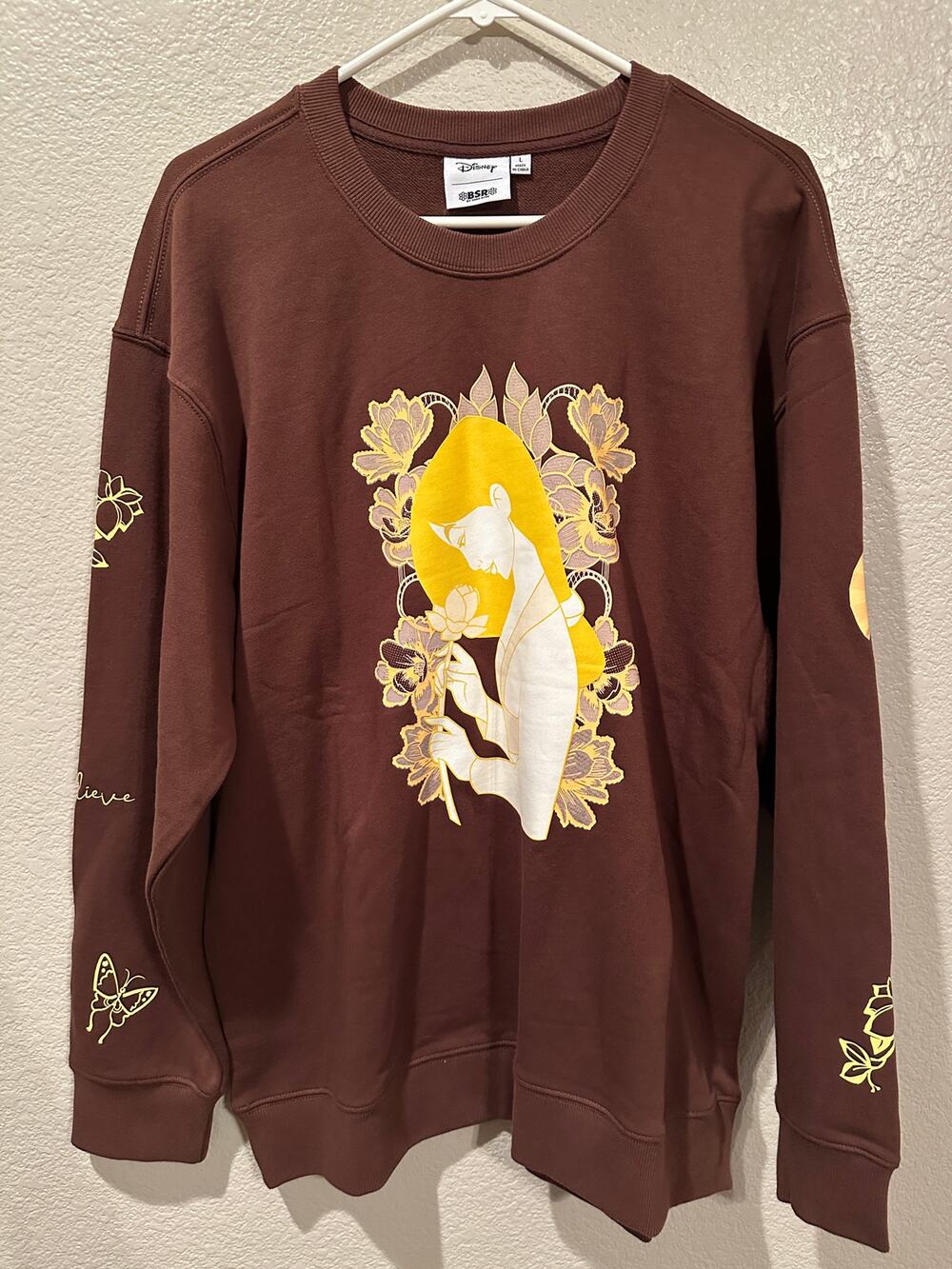 NWT Disney BDR Samii Ryan Mulan Tonal Brown Appliqué Icons Crewneck Sweatshirt L